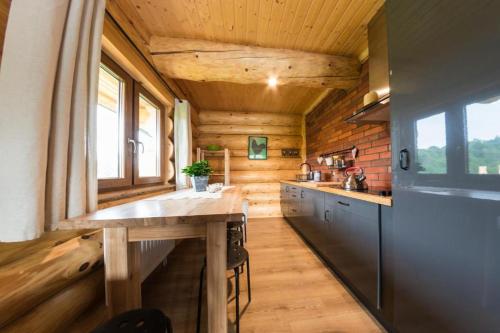 uma cozinha num chalé de madeira com tecto de madeira em Cicho-sza! em Solina