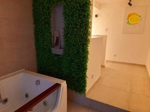 a bathroom with a green wall next to a tub at Limone apartmani Niš in Niš