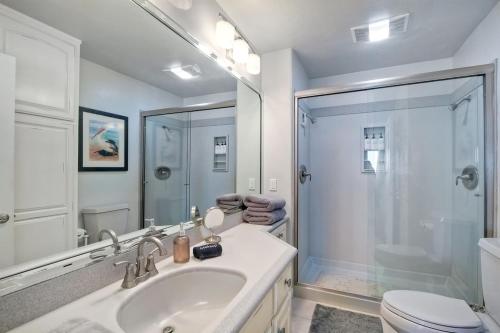 a bathroom with a sink and a shower and a toilet at Oceanfront Views, Heated Pool, Hot Tubs, Parking in Solana Beach