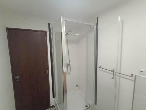 La salle de bains est pourvue d'une douche avec une porte en verre. dans l'établissement Ginjals-67, à Almargem do Bispo