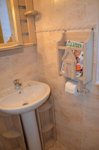 a bathroom with a sink and a mirror and a sink at Fachwerk in Yaremche