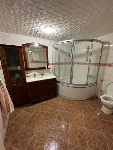 uma casa de banho com um chuveiro, um lavatório e um WC. em lovely 2 bedrooms apartment with full furniture em Beylikdüzü