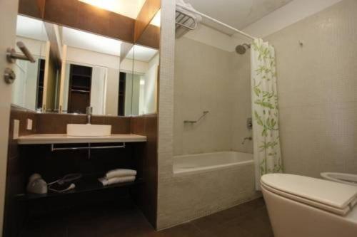 y baño con aseo, lavabo y ducha. en San Telmo Apart: Pileta y Sauna en Buenos Aires