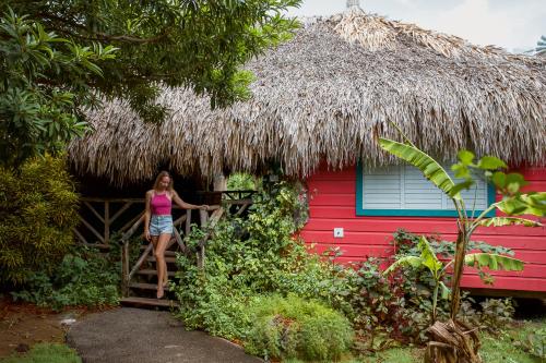 uma mulher em pé numa escada fora de uma cabana em Mondi Lodge em Dorp Sint Michiel