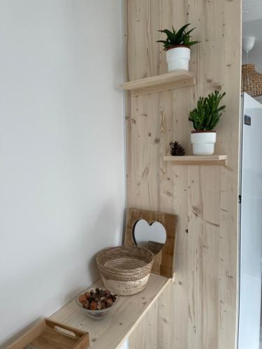 a kitchen with wooden walls and a shelf with plants at Nid bohème in Suèvres