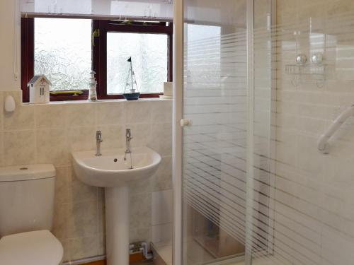 a bathroom with a sink and a toilet and a shower at Turnstones in Walcott