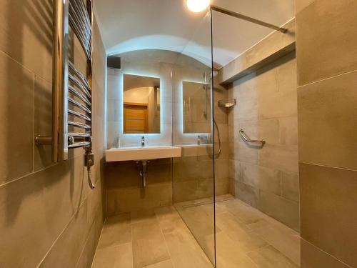 W łazience znajduje się umywalka i przeszklony prysznic. w obiekcie Modern guest house in city center I Room 3 w Wilnie