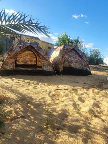 錫瓦的住宿－2 pers tent，两顶帐篷,位于沙中,靠近一座建筑