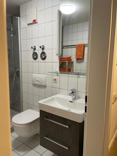 ein Bad mit einem Waschbecken und einem WC in der Unterkunft Fewo an der Saale, 5 min bis Zentrum in Jena