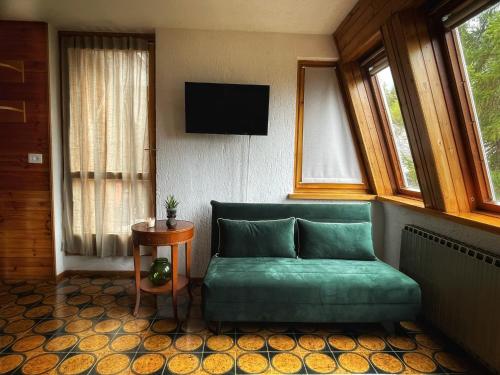 a living room with a green couch and windows at Emma’s Tiny House in Pila