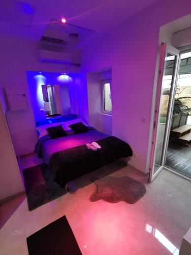 - une chambre violette avec 2 lits et une fenêtre dans l'établissement Lyon superbe jacuzzi vue sur jardin, à Villeurbanne