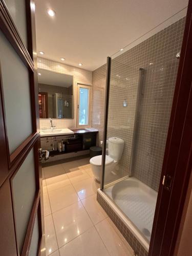 a bathroom with a toilet and a shower and a sink at Piso Rialp con vistas in Rialp