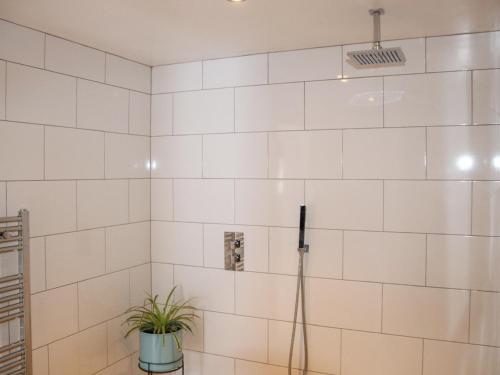 a white tiled bathroom with a shower with a plant at Robins Nest - Uk40747 in Coddington