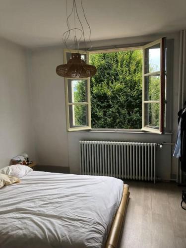une chambre avec un lit et une grande fenêtre dans l'établissement Grand appartement dans belle maison avec jardin, à Besançon