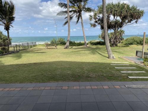 a park with a bench and palm trees and the ocean at Horizons Unit 2 Beachfront Unit in Bargara