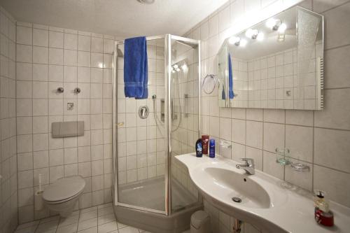 uma casa de banho com um chuveiro, um lavatório e um WC. em Landpension Pferdekoppel - Self Checkin em Seewald