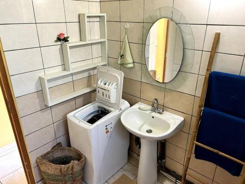 een badkamer met een wastafel, een toilet en een spiegel bij Le nid des aigles in Sainte-Rose
