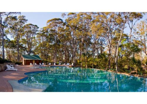 a swimming pool with blue water and trees in the background at Discovery Parks - Narooma Beach in Narooma