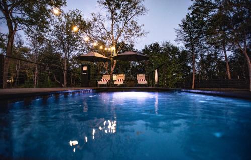 uma piscina com duas cadeiras e guarda-sóis à noite em Lakeside South at Live Oak Lake em Bellmead