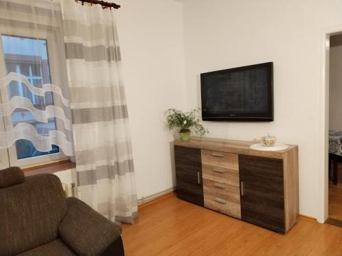 een woonkamer met een flatscreen-tv aan de muur bij Apartmán Isabel in Děčín
