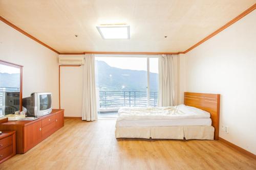 a bedroom with a bed and a television and a window at Bugok Ilsung Condo in Changnyeong