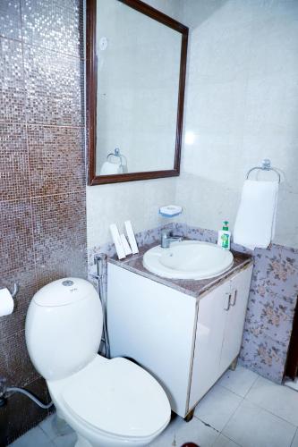 La salle de bains est pourvue de toilettes, d'un lavabo et d'un miroir. dans l'établissement Fortune Home Service Apartment 3Bhk,E-28 Saket 1B, à New Delhi