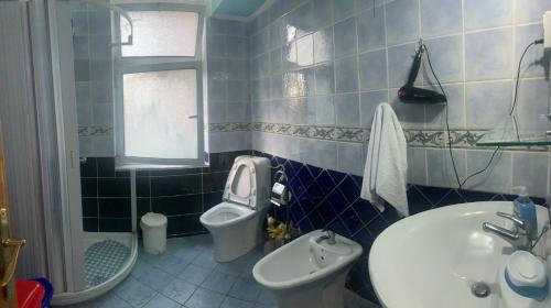 a bathroom with a sink and a toilet and a sink at Korca Central Flat in Korçë