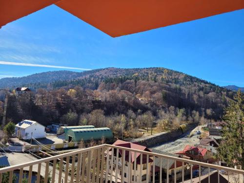 a view of a mountain from the balcony of a house at Sinaia Belleview in Sinaia