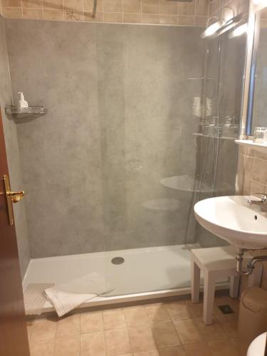 eine Dusche mit Glastür neben einem Waschbecken in der Unterkunft Der Fürstenhof in Kempten