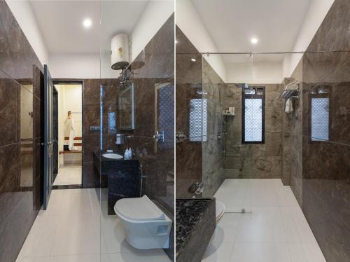 two pictures of a bathroom with a toilet and a shower at Traavista Aravali Mahal - Luxury Lake View Heritage Resort in Udaipur in Udaipur