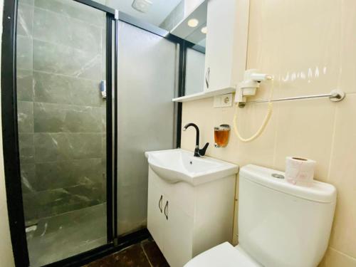 een badkamer met een toilet, een wastafel en een douche bij Airport Best Hotel in Istanbul