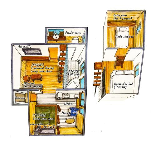 a drawing of a kitchen and a floor plan at Kunugi Relaxation with 4 modern rooms in Hakuba
