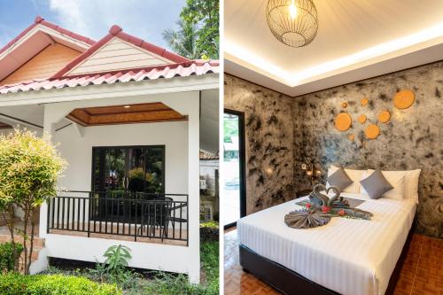 two pictures of a bedroom and a house at El Matcha Lanta Resort in Phra Ae beach