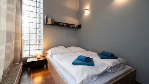 una camera da letto con un letto con due asciugamani blu sopra di Apartament Przytulny ZETA-PARK a Ustroń