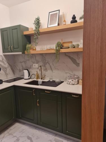 a kitchen with green cabinets and a sink at Avram in Zlatibor