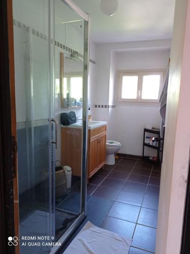 une salle de bain avec douche et toilettes dans l'établissement La talonnière, maison de village avec terrasse et 3 chambres, à Messas