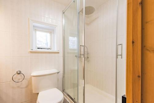 a bathroom with a toilet and a glass shower at Brook Cottage in Temple Ewell