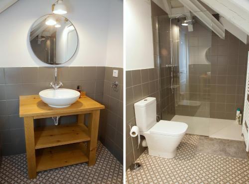 two pictures of a bathroom with a toilet and a sink at La Torre de Guardiola in Guardiola de Berguedà