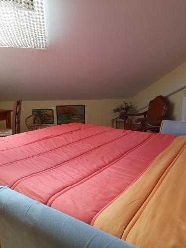 a bedroom with a large bed with a pink comforter at La mansarda di Daniela in Montepulciano Stazione