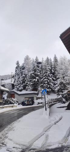 a snow covered street with a blue sign and trees at Hotel Bondi in Livigno