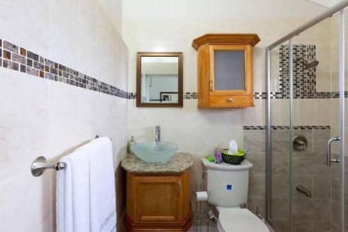 a bathroom with a sink and a toilet and a shower at Loft - Sleeps 4 - Parking - Balcony in Kingston