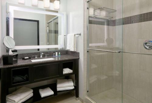 La salle de bains est pourvue d'une douche, d'un lavabo et d'un miroir. dans l'établissement La Quinta Inn & Suites by Wyndham Lubbock Southwest, à Lubbock