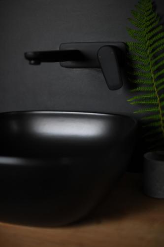 a black faucet and a plant on a table at Hotel Nice in Laupheim