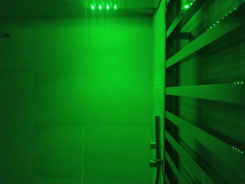 a green wall in a bathroom with a shower at Janas Country Resort in Mores