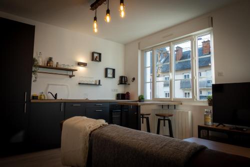 ein Wohnzimmer mit einem Bett und eine Küche in der Unterkunft Bonuit in Le Mans