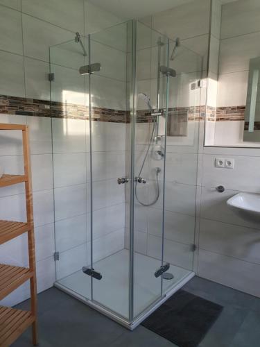 a shower with glass doors and a sink in a bathroom at Gästehaus Martha in Rust