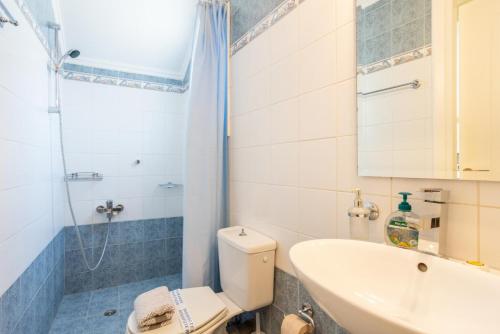 a bathroom with a toilet and a sink and a shower at Villa Magda in Plátonas