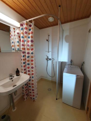 uma casa de banho com um chuveiro, um WC e um lavatório. em Apartment Marja's place em Rovaniemi