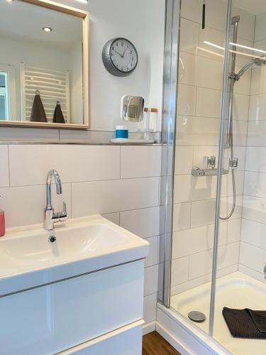 ein Bad mit einem Waschbecken und einer Dusche in der Unterkunft Murmel 1 - Strandkorb, Wallbox, WLan, Kamin in Carolinensiel