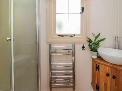 a bathroom with a sink and a mirror and a window at Shepherds View in Rhayader